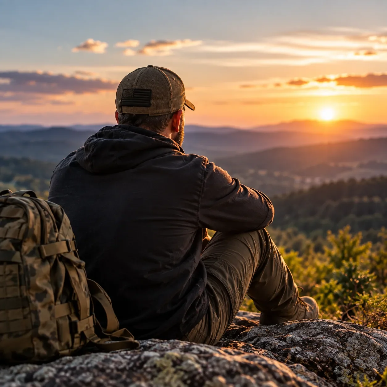 Man sitting outdoors at sunset, reflecting after traumatic experiences and PTSD.