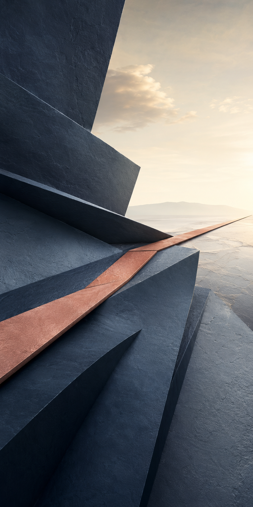 Abstract dark architectural forms with a copper path leading toward an open horizon