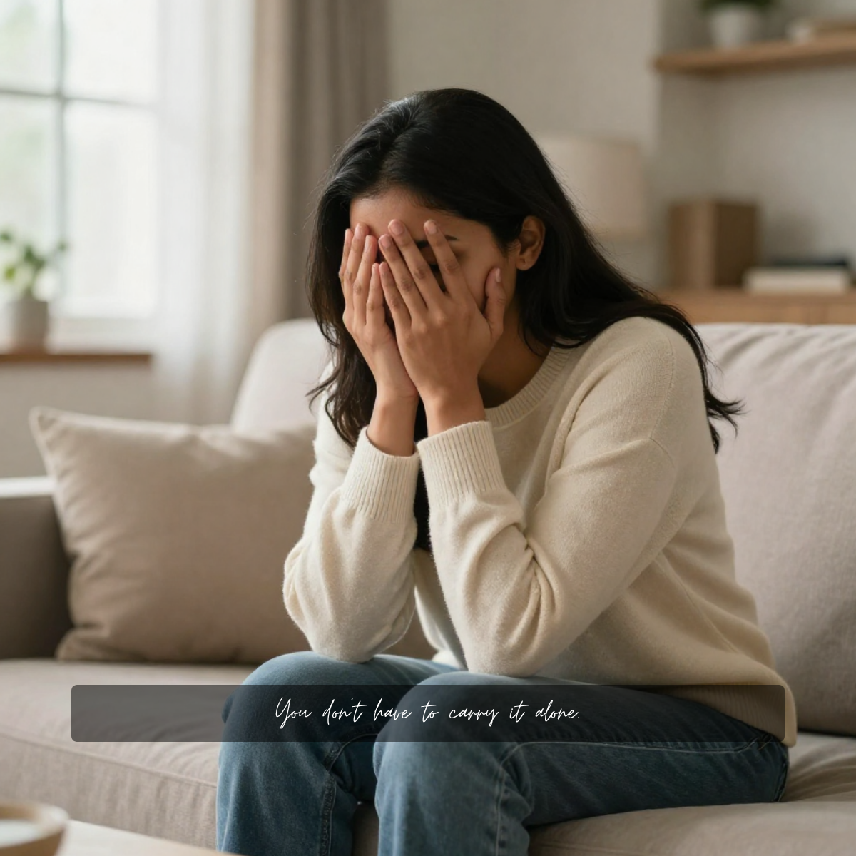 A woman sitting on a beige sofa, covering her face with her hands, with a comforting message overlayed that says 'You don't have to carry it alone.'