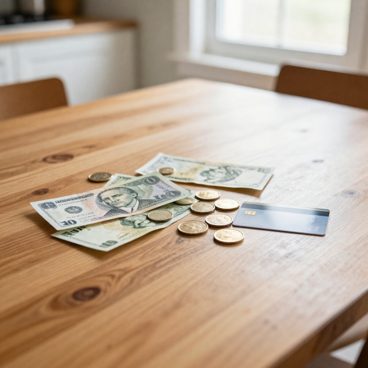 U.S. cash, coins, and a credit card on a wooden dining table near a window.