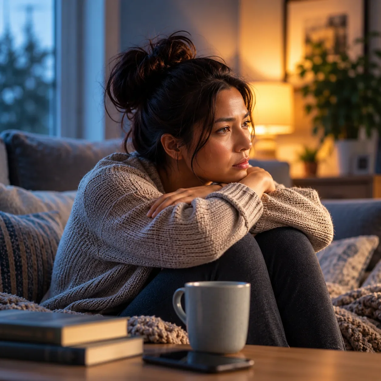 Woman sitting at home in the evening, reflecting while experiencing anxiety and persistent worry.