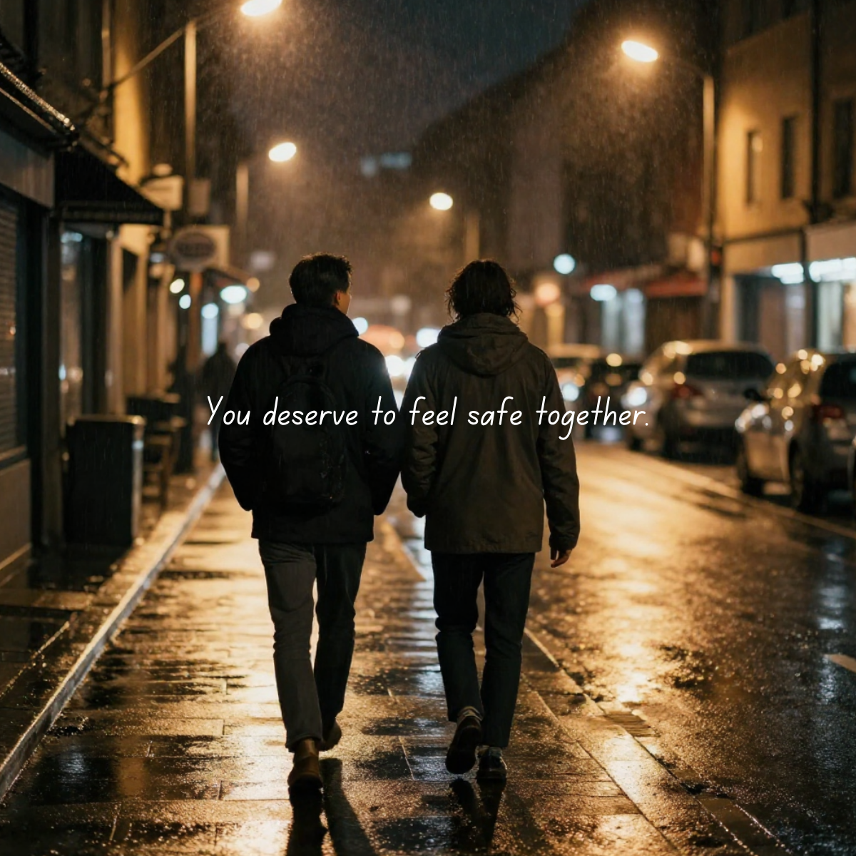 Two people walk together on a rainy city street at night, holding hands, with streetlights and parked cars around them, and the text "You deserve to feel safe together" displayed across the image.