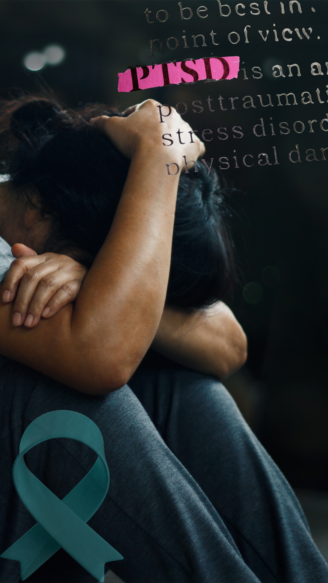 A person has their head down and hands covering their face in distress. The image contains overlaid text about PTSD and related mental health issues with a teal awareness ribbon. The background is dark and blurred.