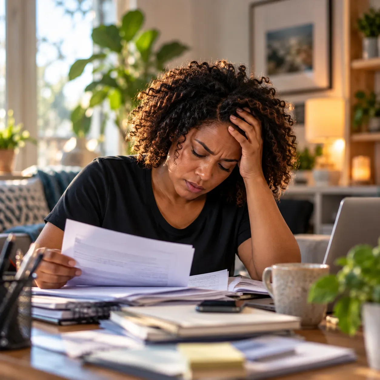 Woman feeling overwhelmed while managing paperwork at home, representing chronic stress and emotional overwhelm.