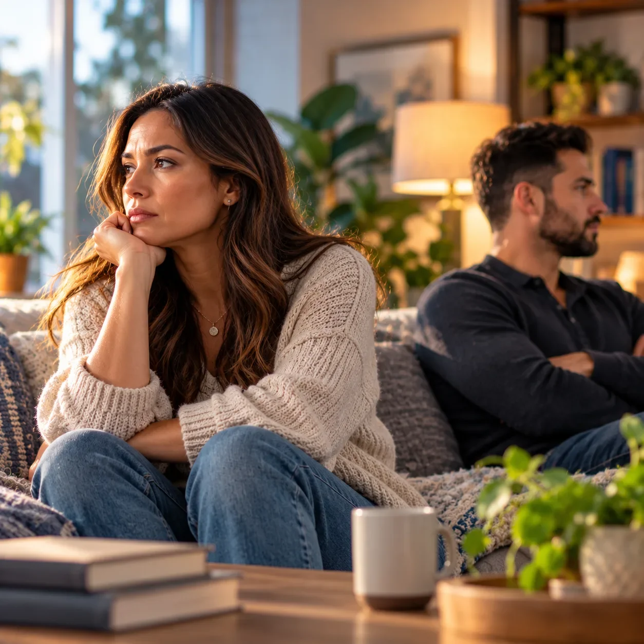 Couple sitting apart after a disagreement, representing relationship patterns and difficulty with boundaries.
