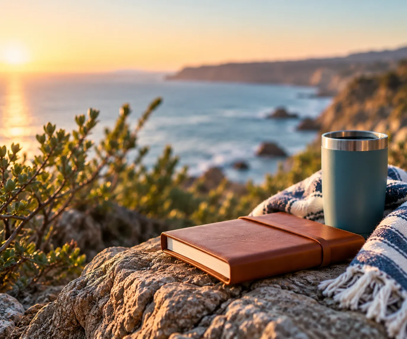 Journal and travel mug overlooking the ocean at sunset, representing reflection and moving forward in therapy.