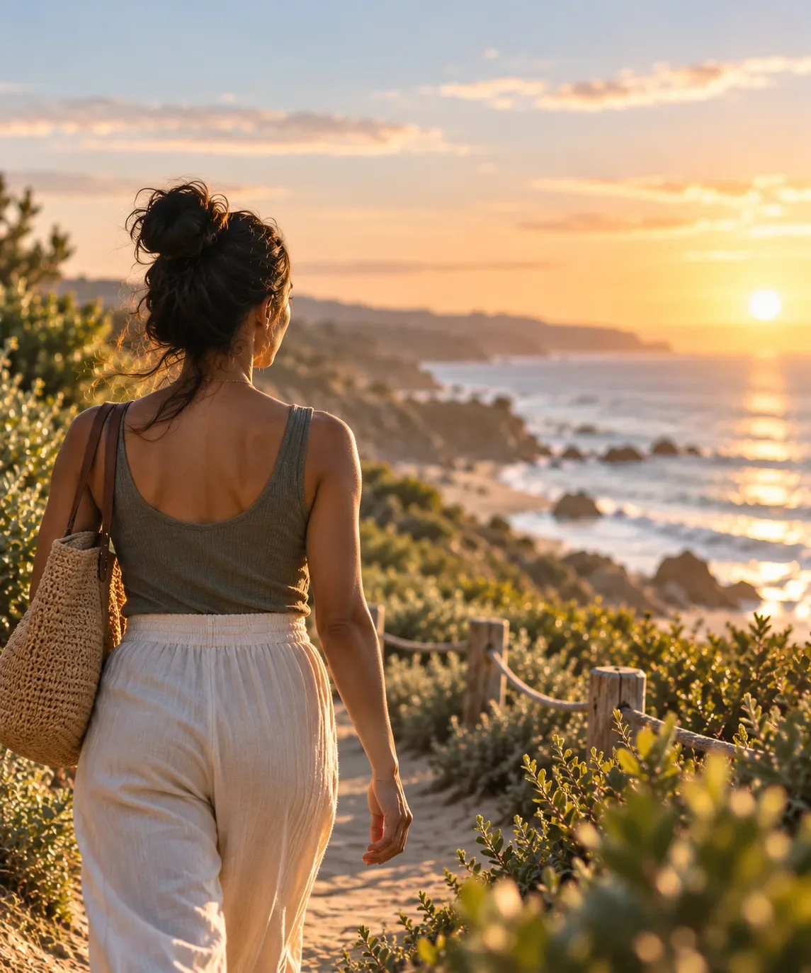 A woman walking along a coastal path at sunset, representing taking the next step toward therapy.