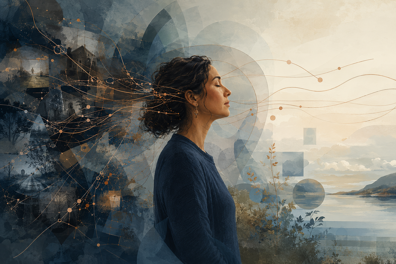 A woman in profile between fragmented, heightened signals and a calmer organized landscape, representing how trauma can affect threat detection, memory, and attention while the brain remains capable of recovery.