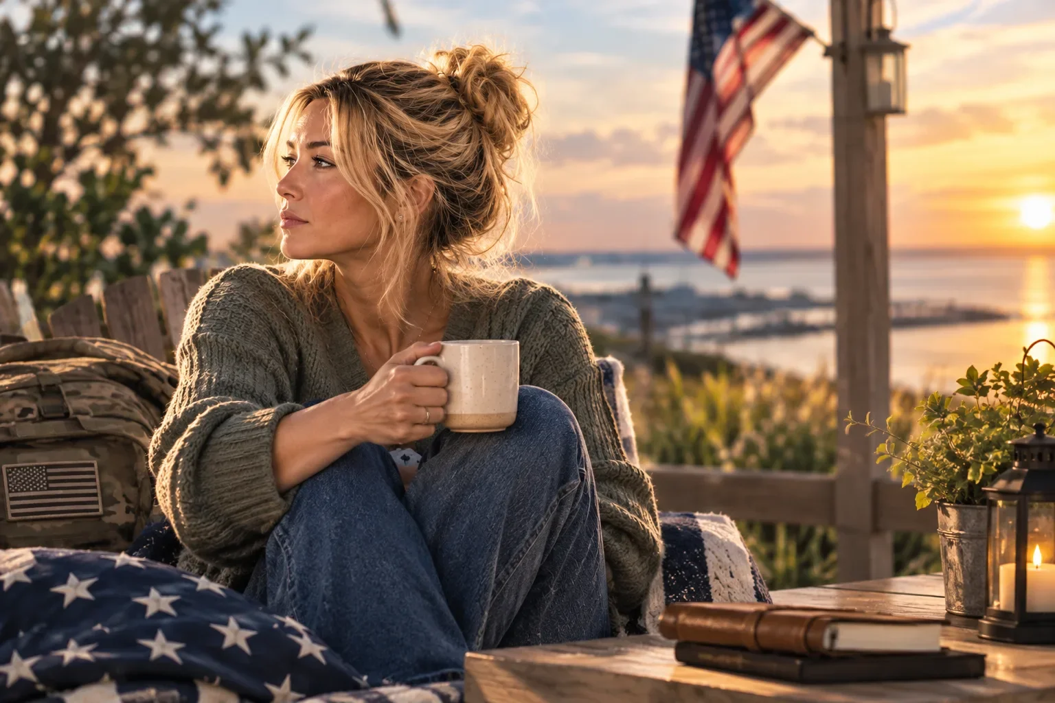 Woman sitting quietly at sunset, reflecting during a major life change or transition.