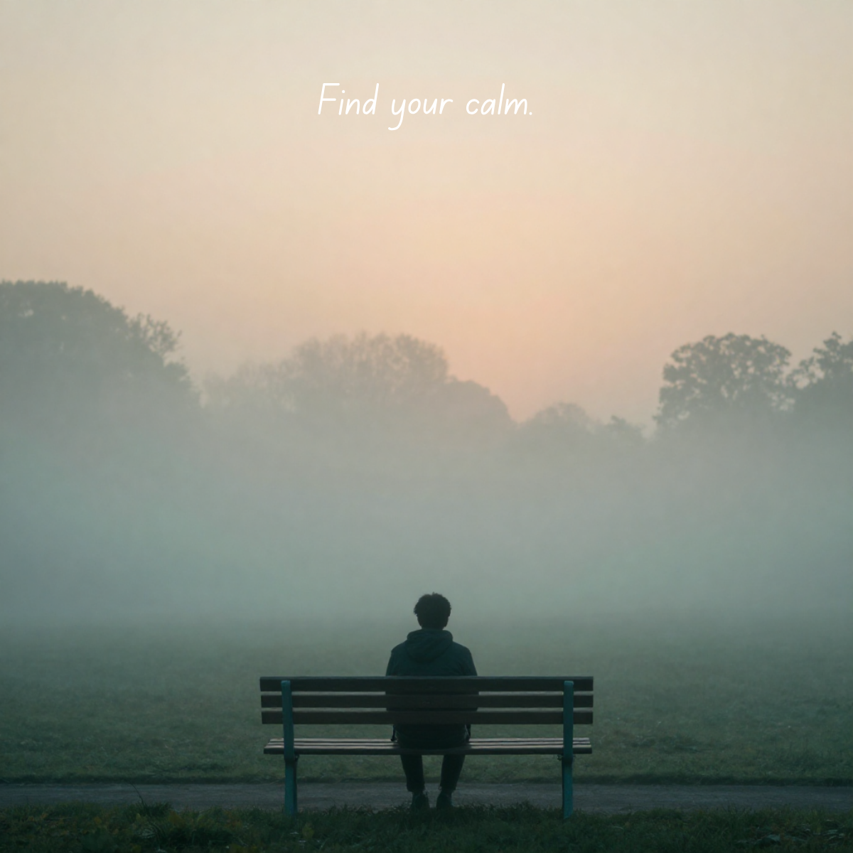 A person sitting on a park bench facing a foggy landscape with trees in the distance, with the text 'Find your calm' overlayed.