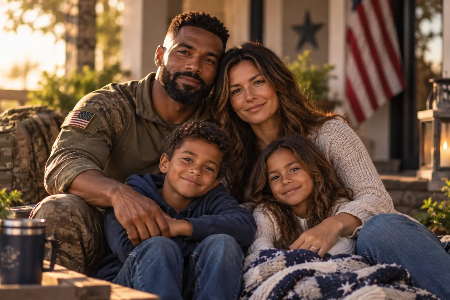 Veteran with his spouse and children at home, representing veterans and military families.