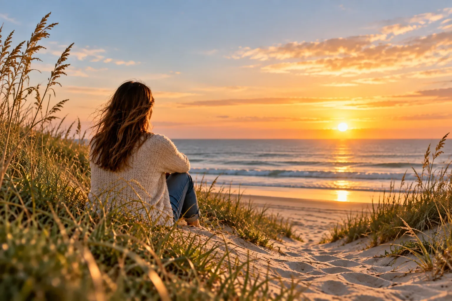 Woman sitting on a sandy coastal dune overlooking the ocean at sunset.