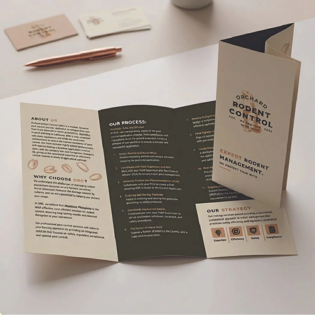 A trifold brochure titled 'Ohchard Rodent Control' with information on their process, strategy, and why choose them, along with a pocket on the front containing business cards, and a pink pen nearby.