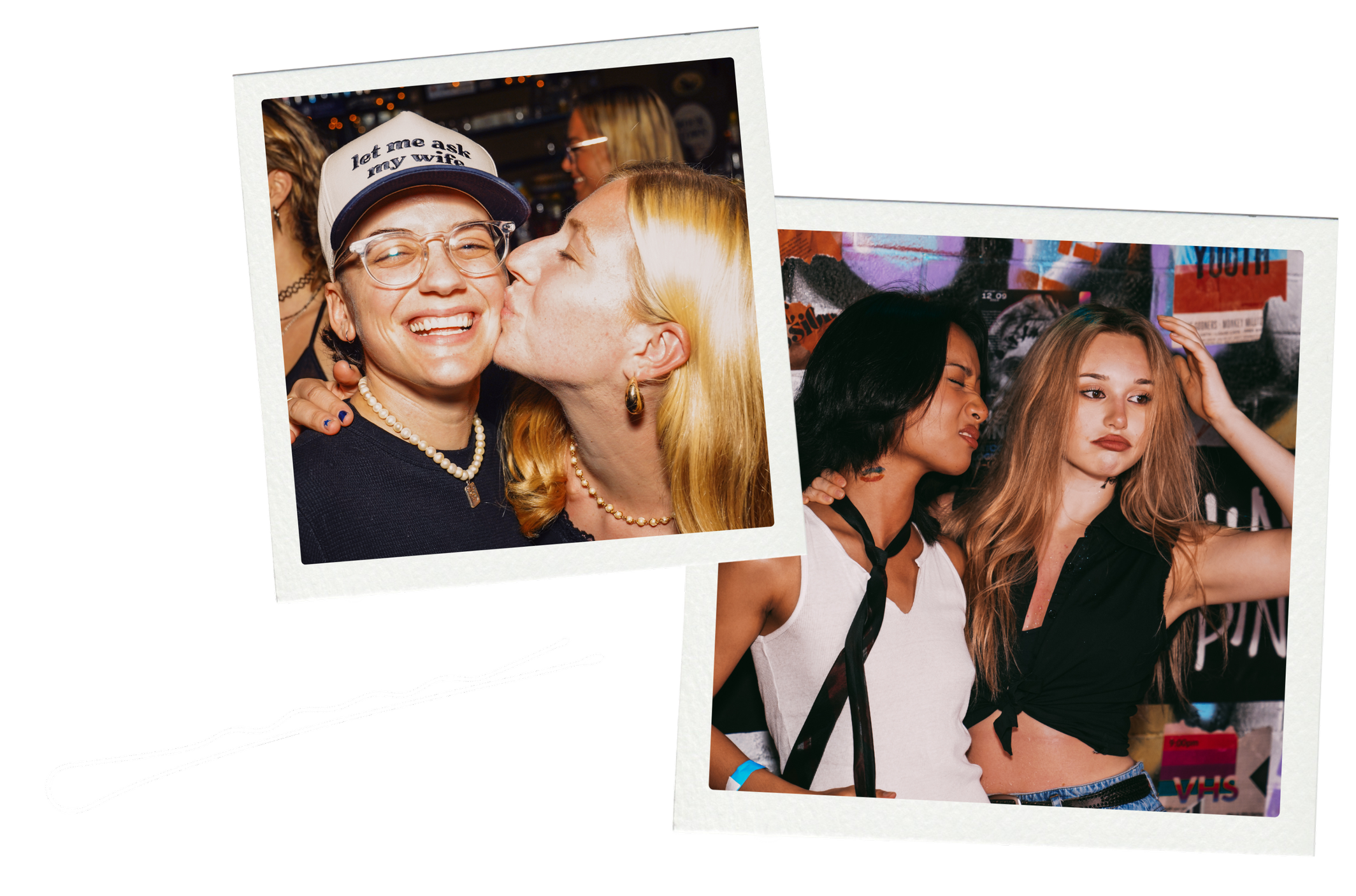 Two photographs of queer community members at Hairpins events