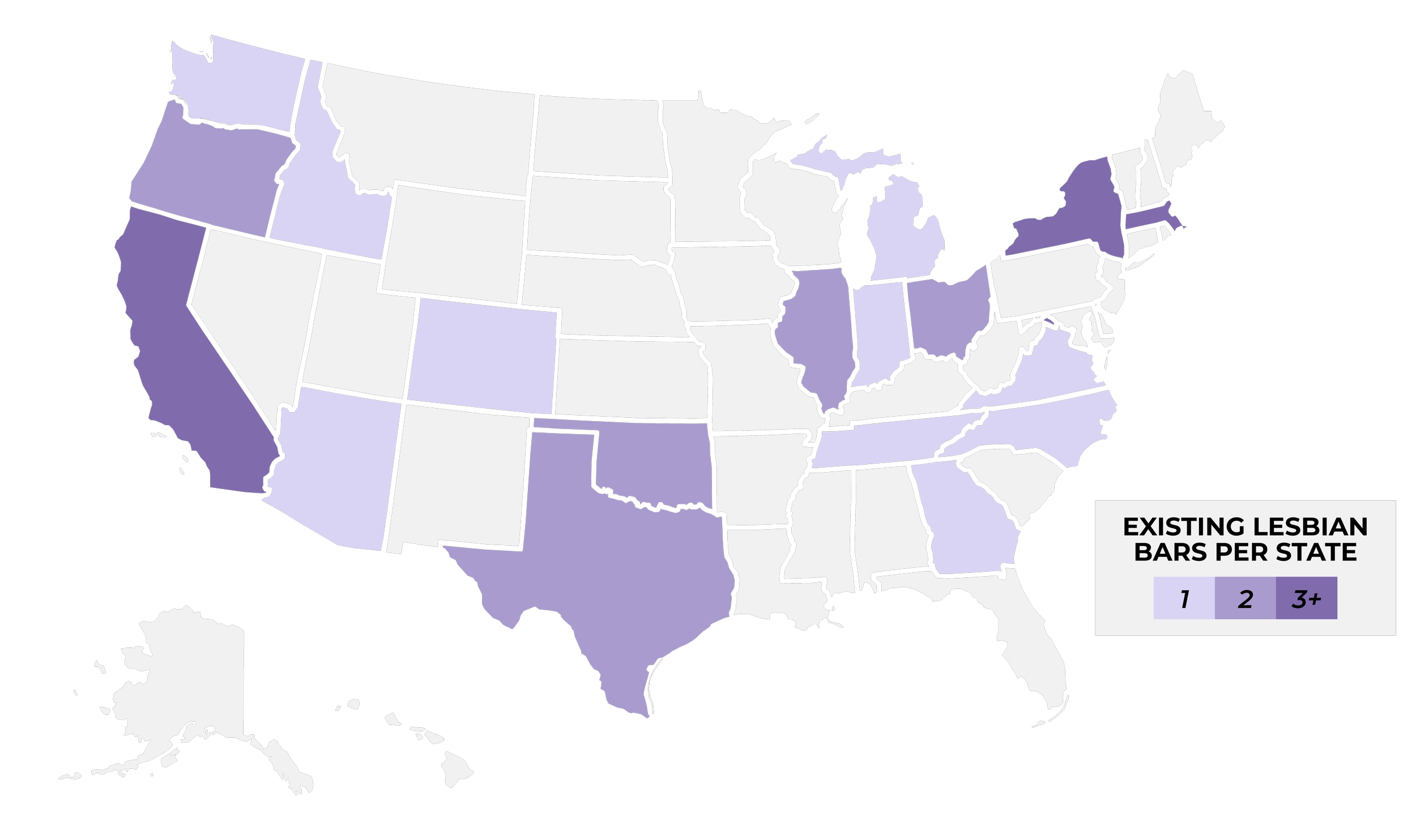 Map of the United States highlighting states with existing lesbian bars; states are shaded in varying shades of purple indicating the number of lesbian bars, ranging from 1 to 3 or more.