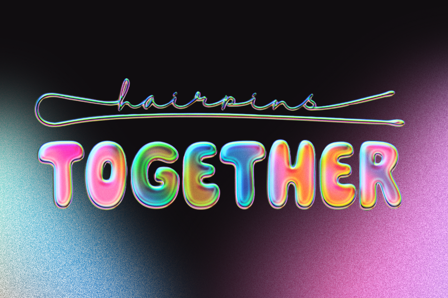 Colorful neon text saying 'harpins' in cursive and 'TOGETHER' in bold, rainbow-colored letters on a dark, gradient background.
