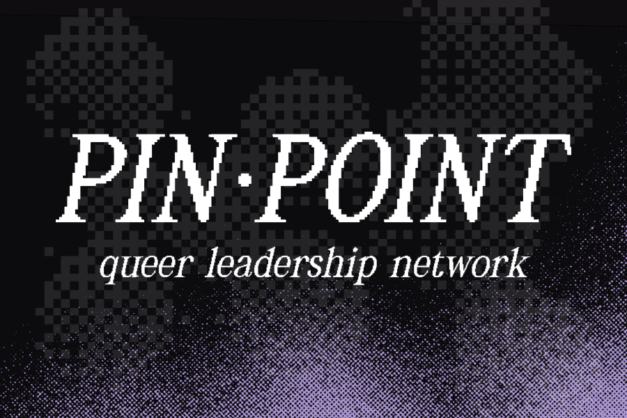 Logo for PIN POINT queer leadership network with a dark background and pixelated design elements.