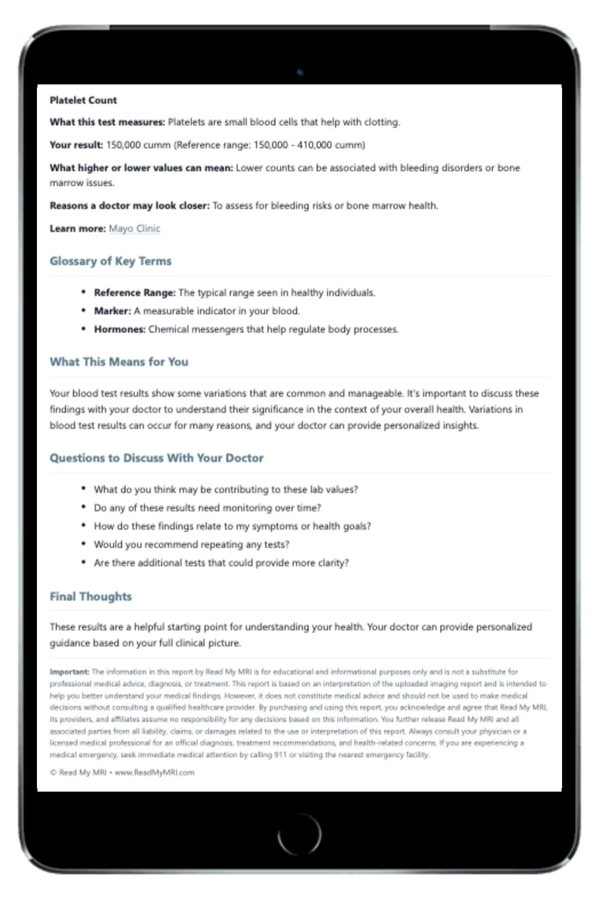 Another example of an easy-to-read blood test summary created by Read My Labs