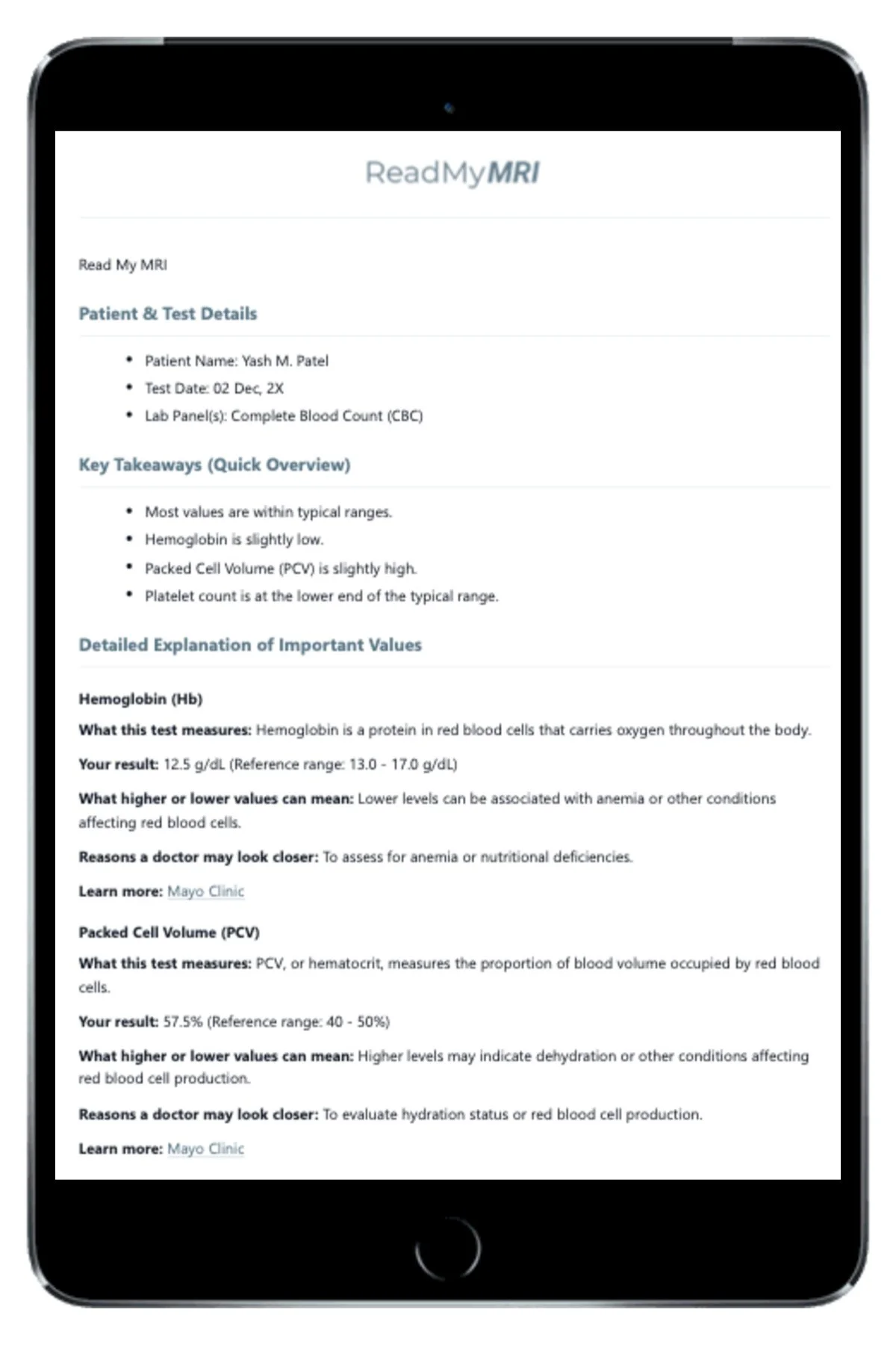 Example of an easy-to-read blood test summary created by Read My Labs