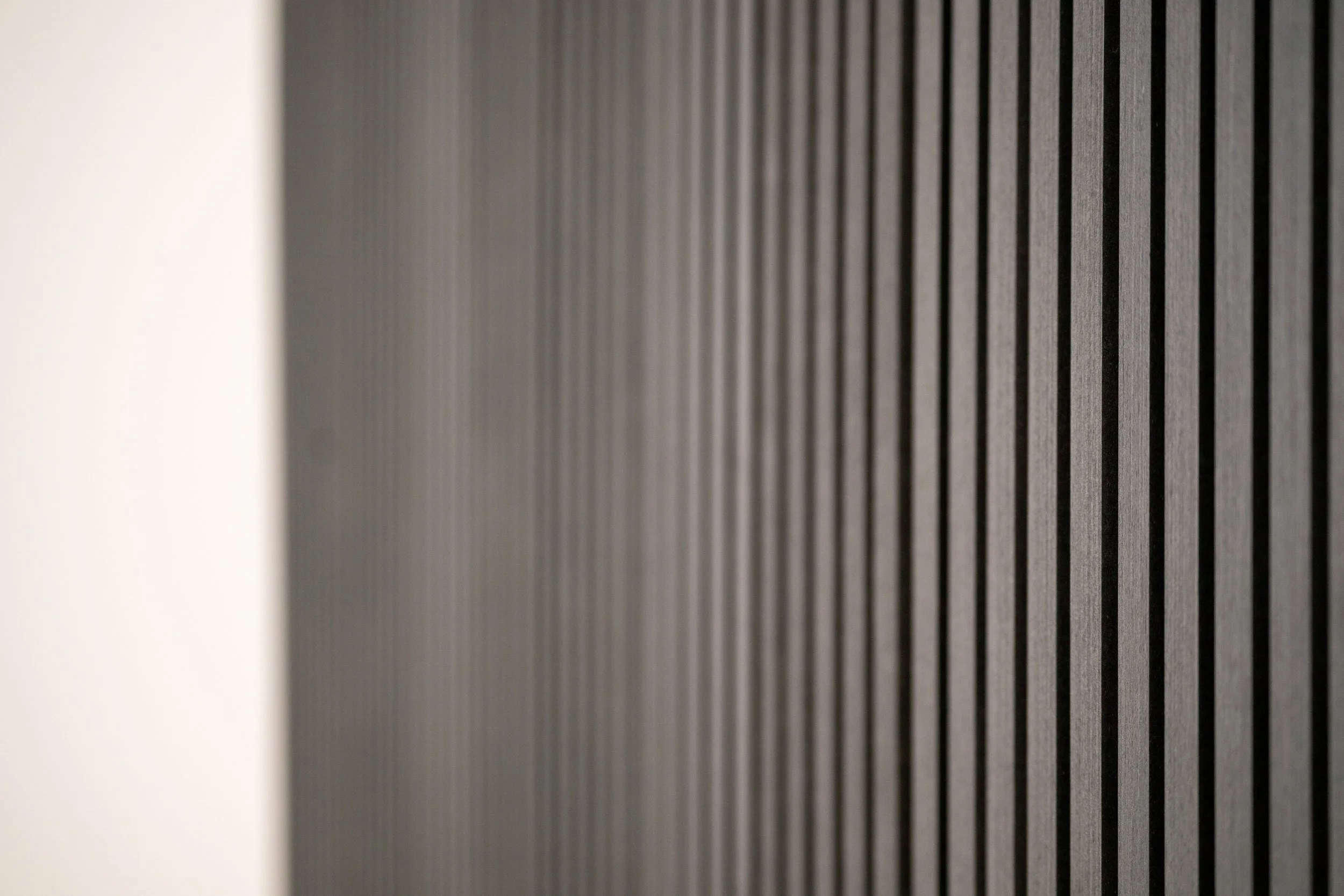 Modern vertical wood slat wall at Morningstar Studio, a natural light photography studio in Centennial, CO