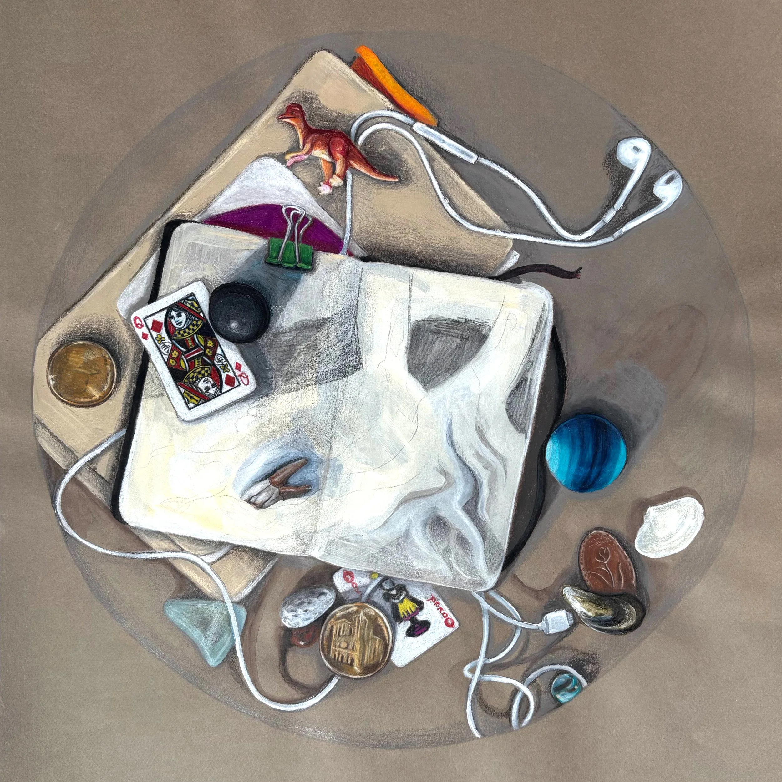 Collections, 2022, acrylic & coloured pencil on paper, 19 x 25"