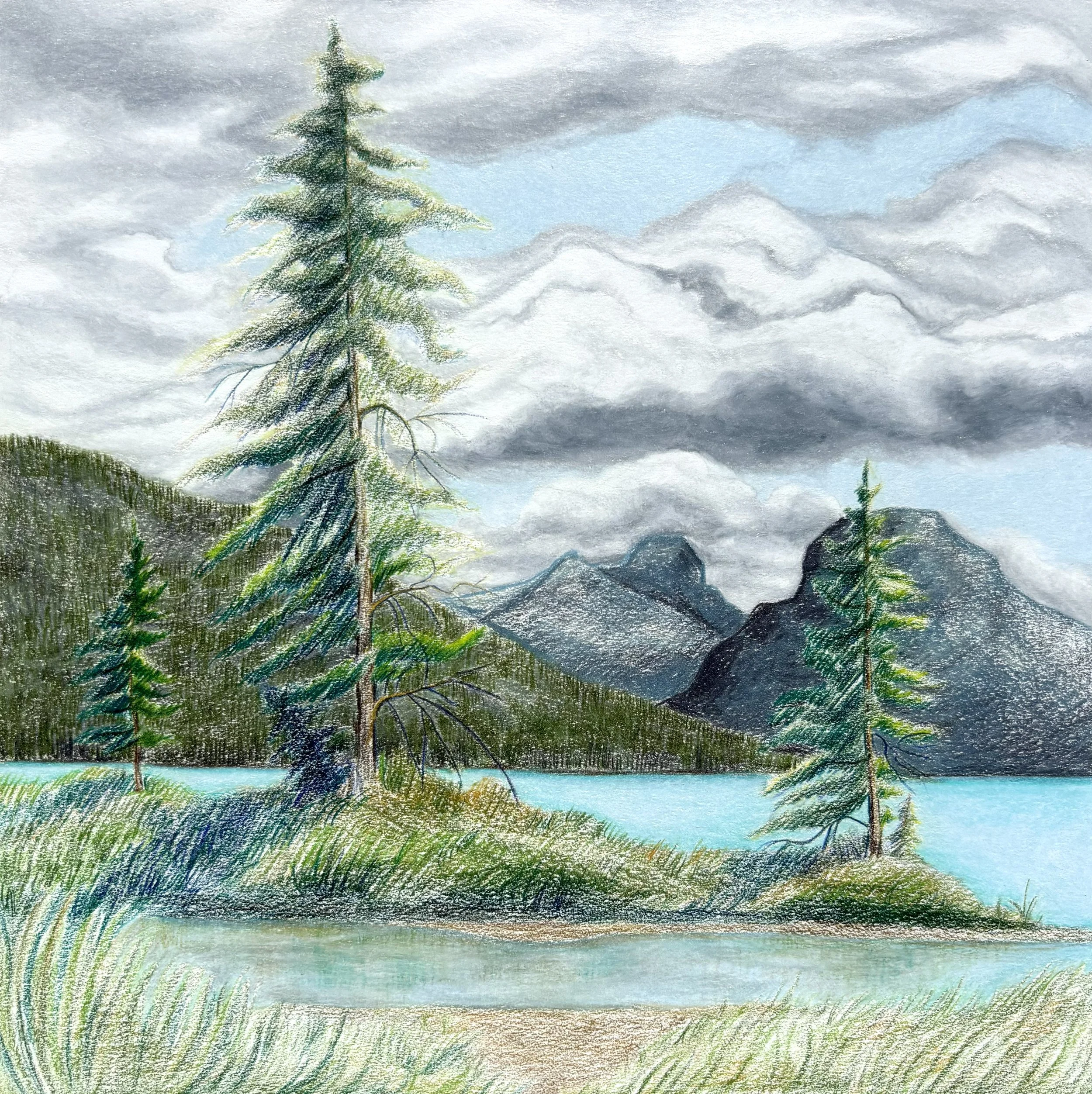 Blue Lake, 2024, coloured pencil on paper, 10 x 10"