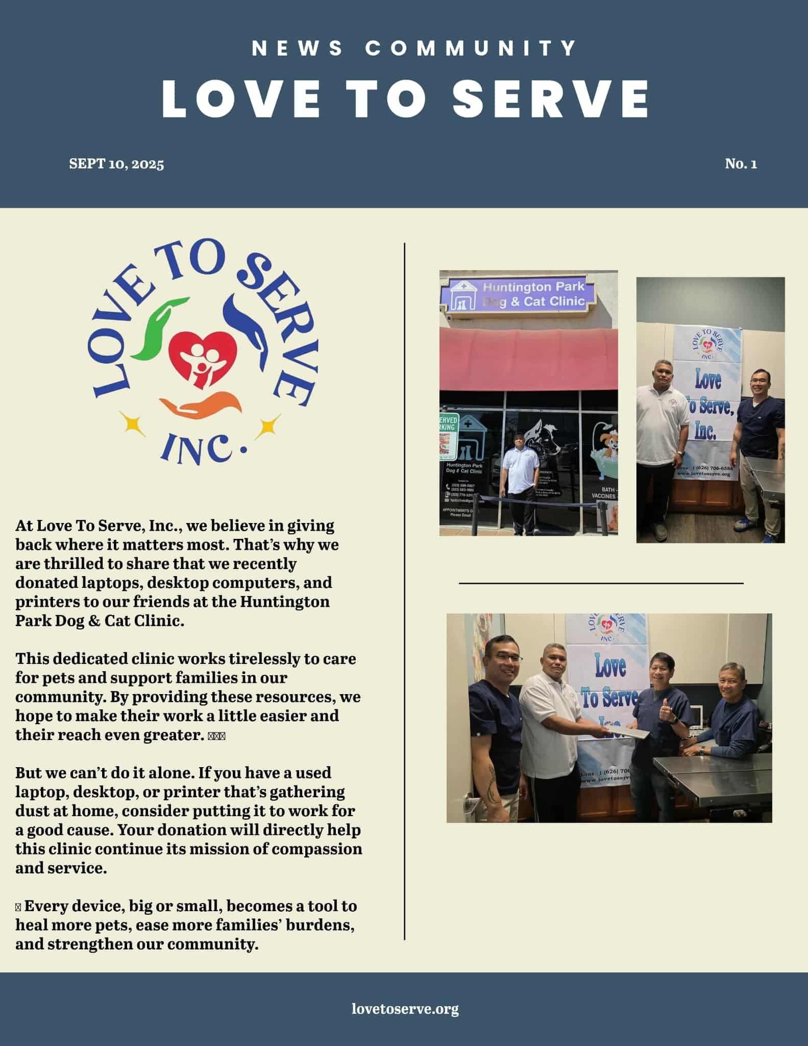 Newsletter from Love To Serve Inc. dated September 10, 2025, featuring the organization's logo, photos of staff at Huntington Park Dog & Cat Clinic, and text about donating devices to support pet care and community service.
