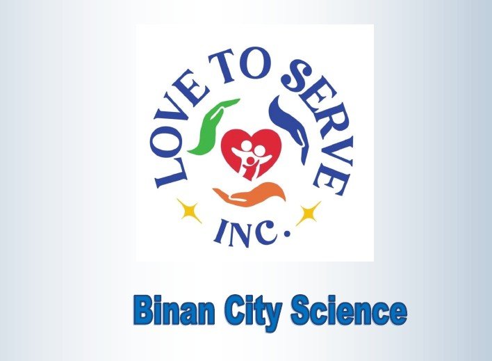Logo with text 'Love to Serve Inc.' featuring a heart with people, a hand, a leaf, and stars, with the text 'Binan City Science' below.