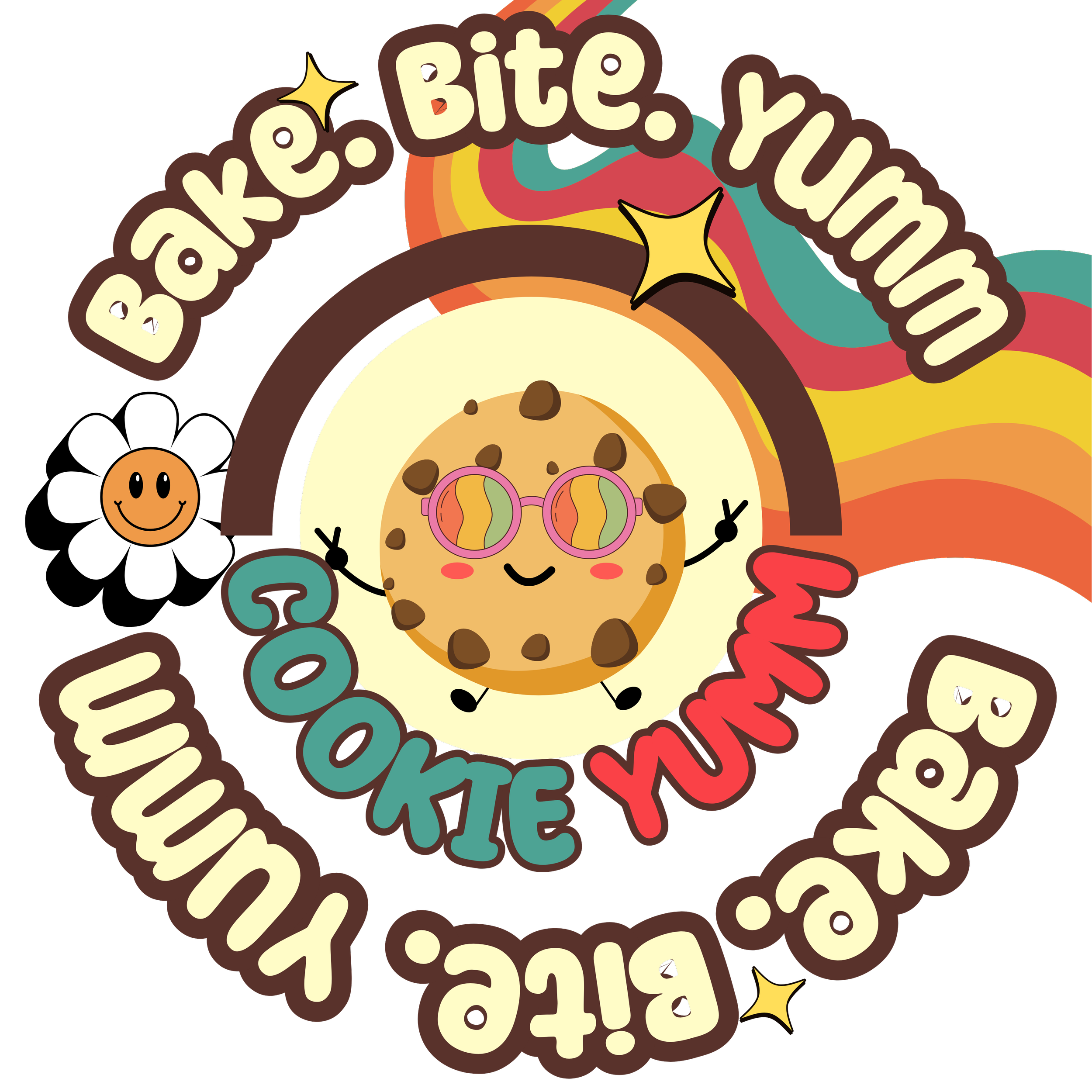 Colorful animated design featuring a smiling cookie character with pink glasses and blushing cheeks, surrounded by the phrases 'Bake. Bite. Yum!' and 'CookieYumm' in playful font, with a small happy flower and rainbow-colored background.