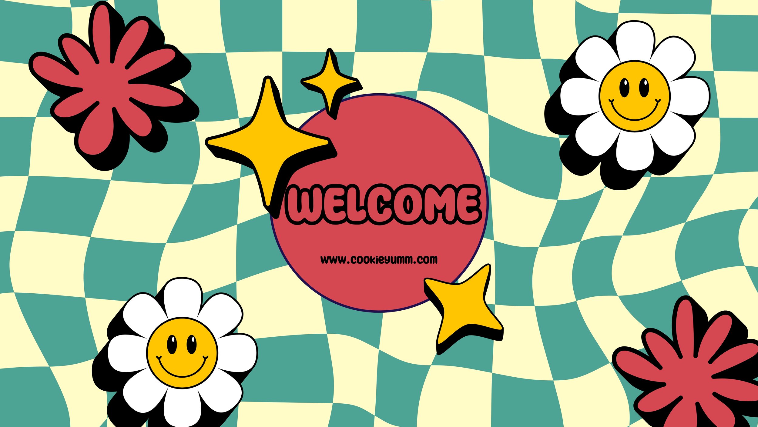 Colorful graphic with white daisies with yellow centers and smiling faces, red flowers, yellow stars, and a red circle with the word 'WELCOME' and a website URL, against a wavy green and cream checkered background.