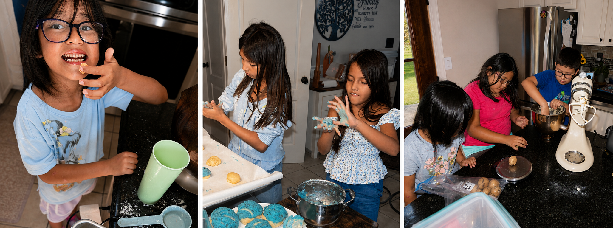 Three children baking and decorating cookies in a kitchen. The first girl is tasting icing, the second girl is putting icing on cookies, and the third girl is mixing ingredients with a stand mixer.