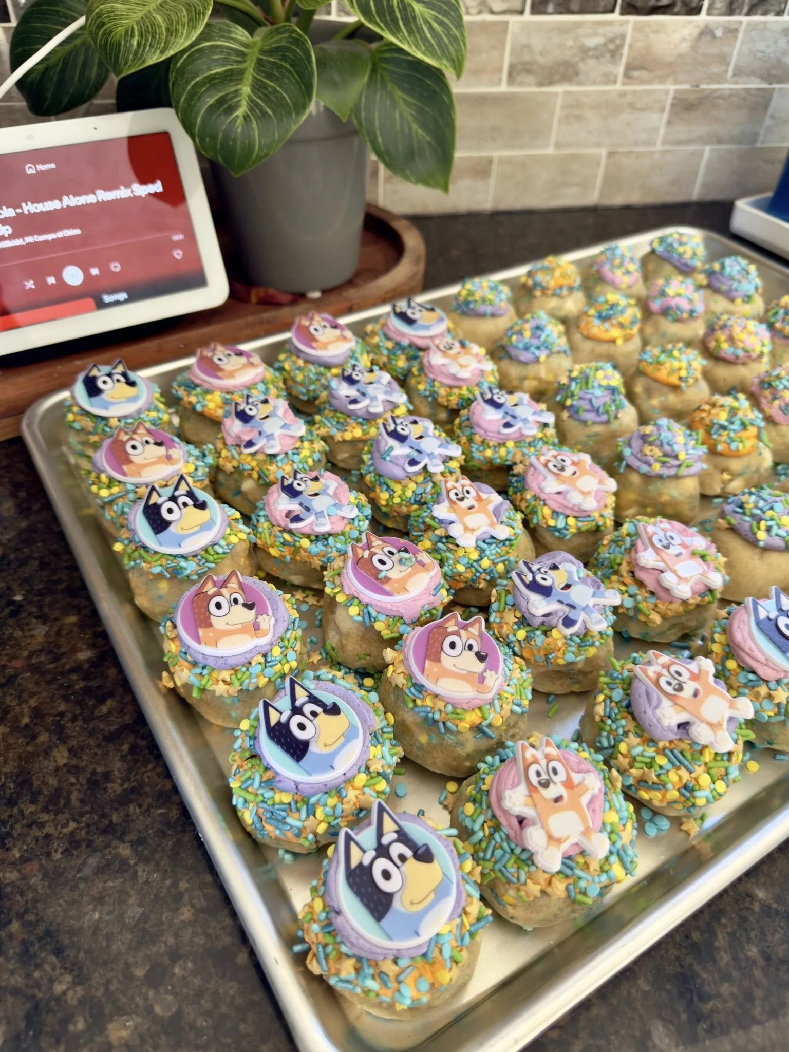 A tray of decorated cookies with character images and colorful sprinkles, with a plant, a tablet playing a song, and a brick wall in the background.