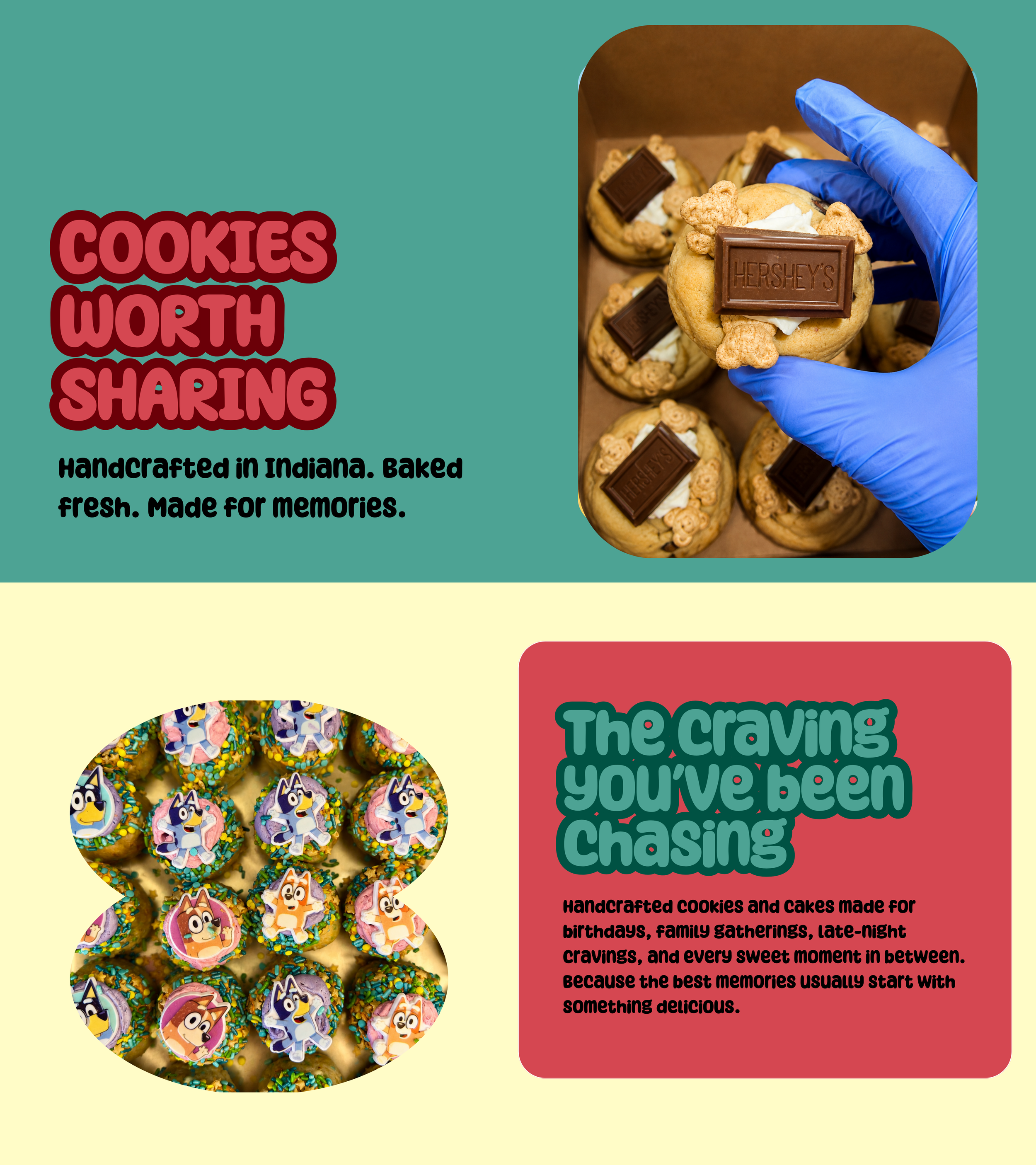 Close-up of a person wearing a blue glove holding a cookie topped with a Hershey's chocolate bar, surrounded by other decorated cookies with various character images and sprinkles.