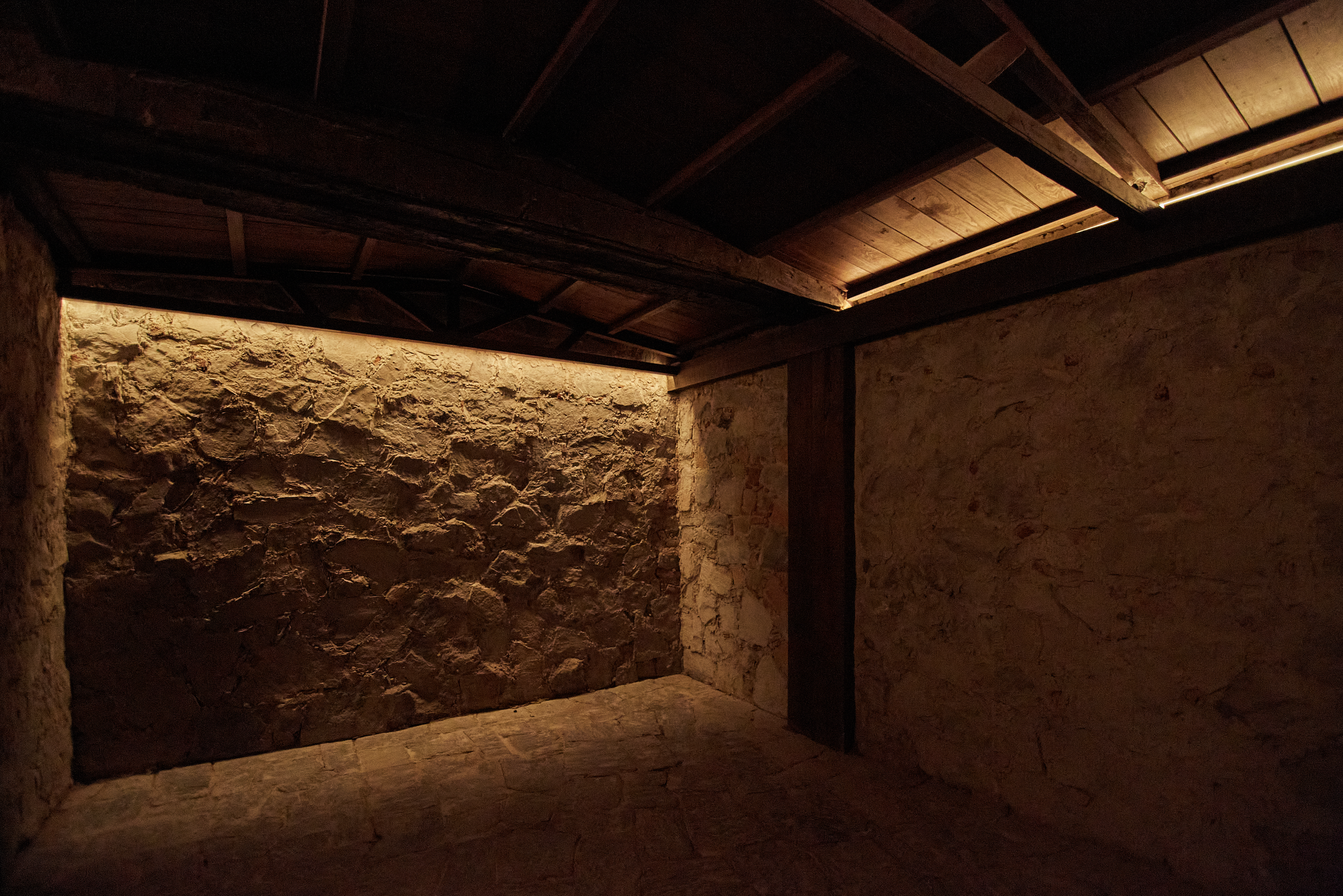 Empty room with stone walls, wooden ceiling, and warm lighting
