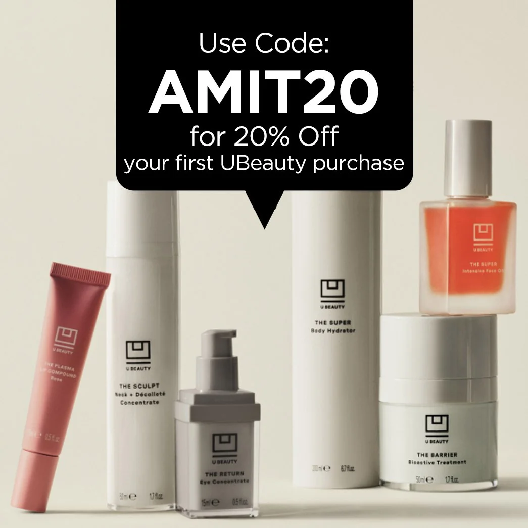 Beauty skincare products from U Beauty, including a pink tube, white bottles, and a jar, with a black speech bubble advertising a 20% off first purchase code AMIT20.