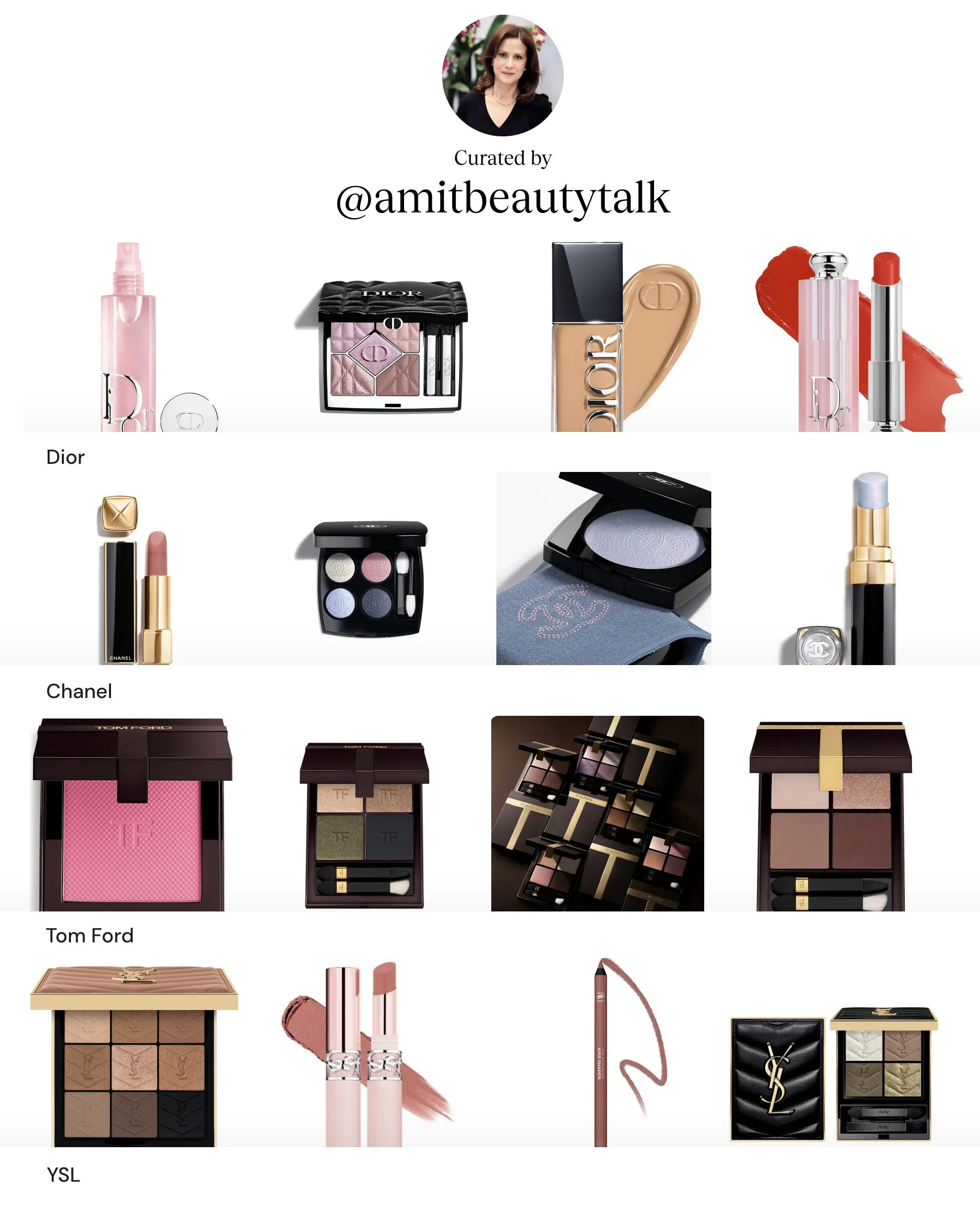 Collection of makeup products including Dior, Chanel, Tom Ford, YSL