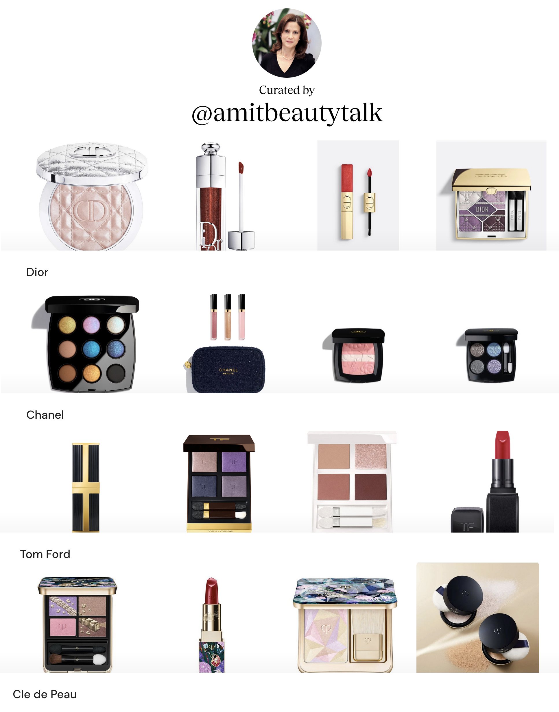 Collection of luxury makeup products from Dior, Chanel, Tom Ford, and Cle de Peau, including eyeshadows, lipsticks, blushes, and skincare items.