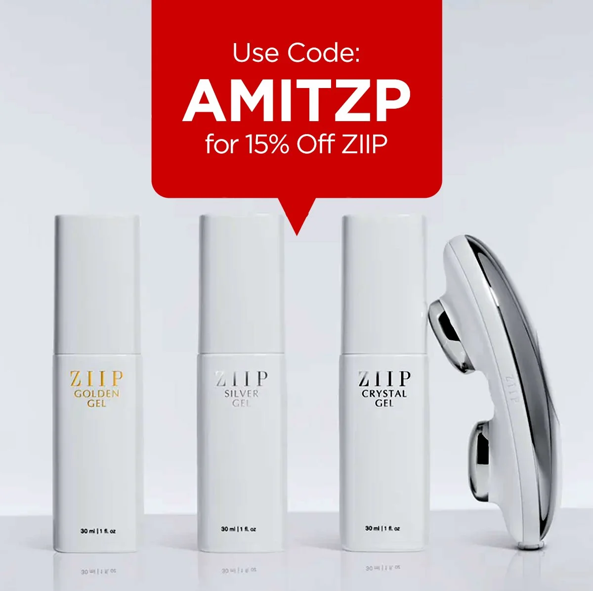 Four white bottles of ZIP gel nail polish with different labels: Golden Gel, Silver Gel, Crystal Gel, and a silver and white LED nail curing lamp. A red speech bubble with white text offers a discount code for 10% off ZIP products.