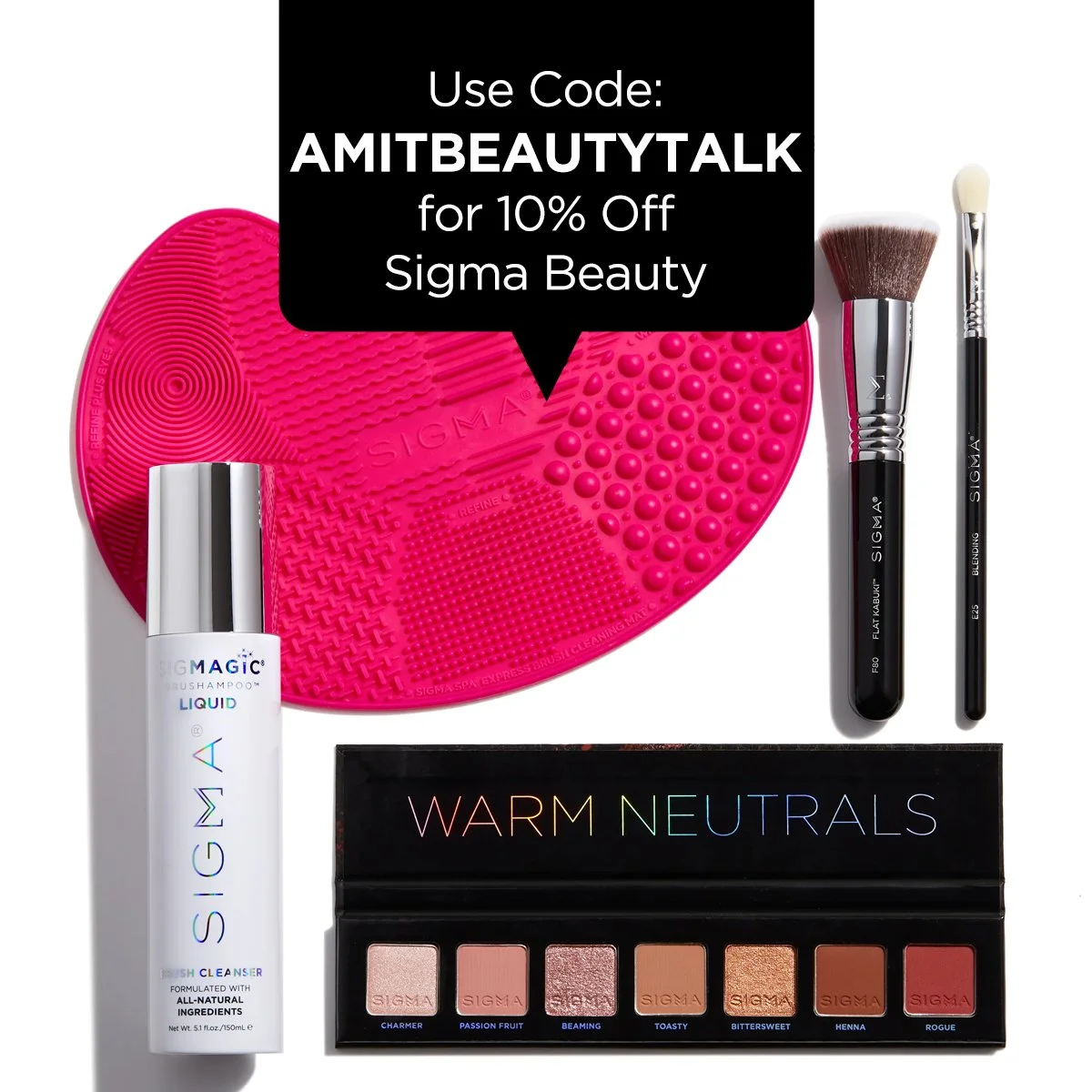 Pink cleaning brush with water splashing around it on a black background, promoting Sigma Beauty code AMITBEAUTY TALK for 10% off.