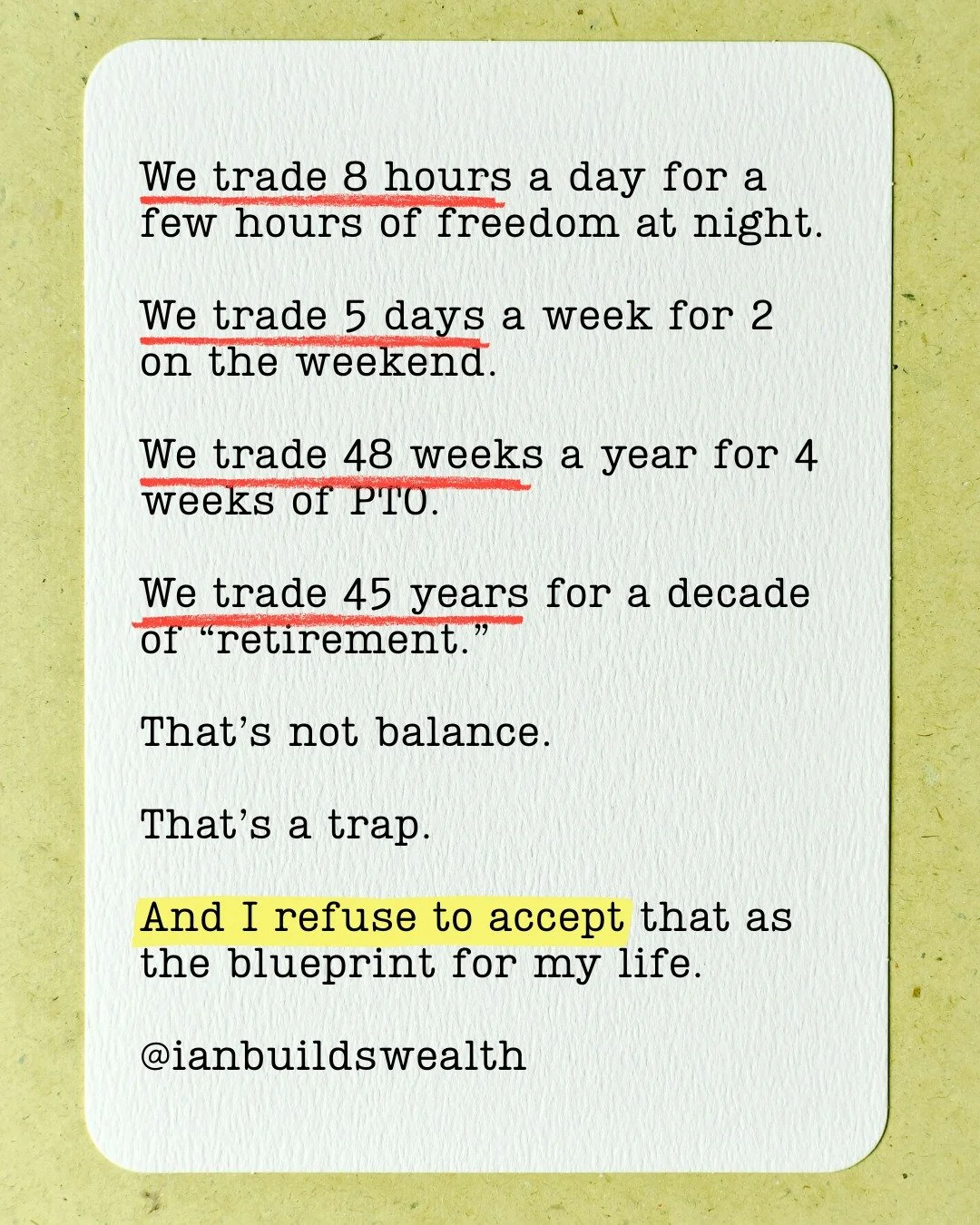We trade time for money. 

But money can create more time and independence.

My Money Freedom Quiz can show you a path to get there.

Comment QUIZ and I'll send you the link.

And follow @ianbuildswealth for more personal finance tips for you and you