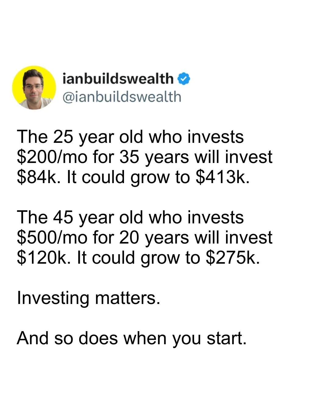 Everyone wants to know the &ldquo;right&rdquo; amount to invest.

But the better question is: when are you starting?

The younger investor contributed less money and could still end up with significantly more.

That&rsquo;s the power of time.

Compou