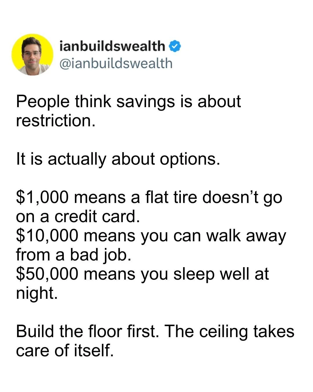 Nobody should feel embarrassed about building cash first.

I had $209,554 in student loans and zero savings.

Building an emergency fund changed my entire relationship with money.

What level are you at right now?

Drop a number in the comments and f