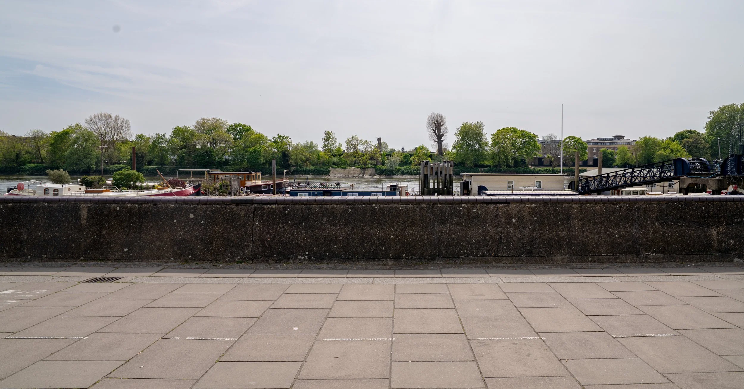 View of boats docked along a river, with green trees and buildings in the background under a cloudy sky, as seen from a paved sidewalk.
