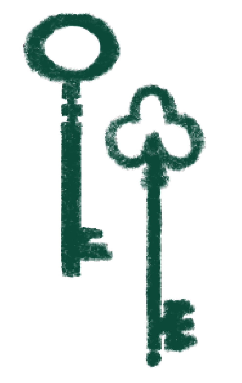 Two ornate, vintage keys with decorative bows, one with a circular bow and the other with a triquetra-shaped bow, both in a dark teal color.
