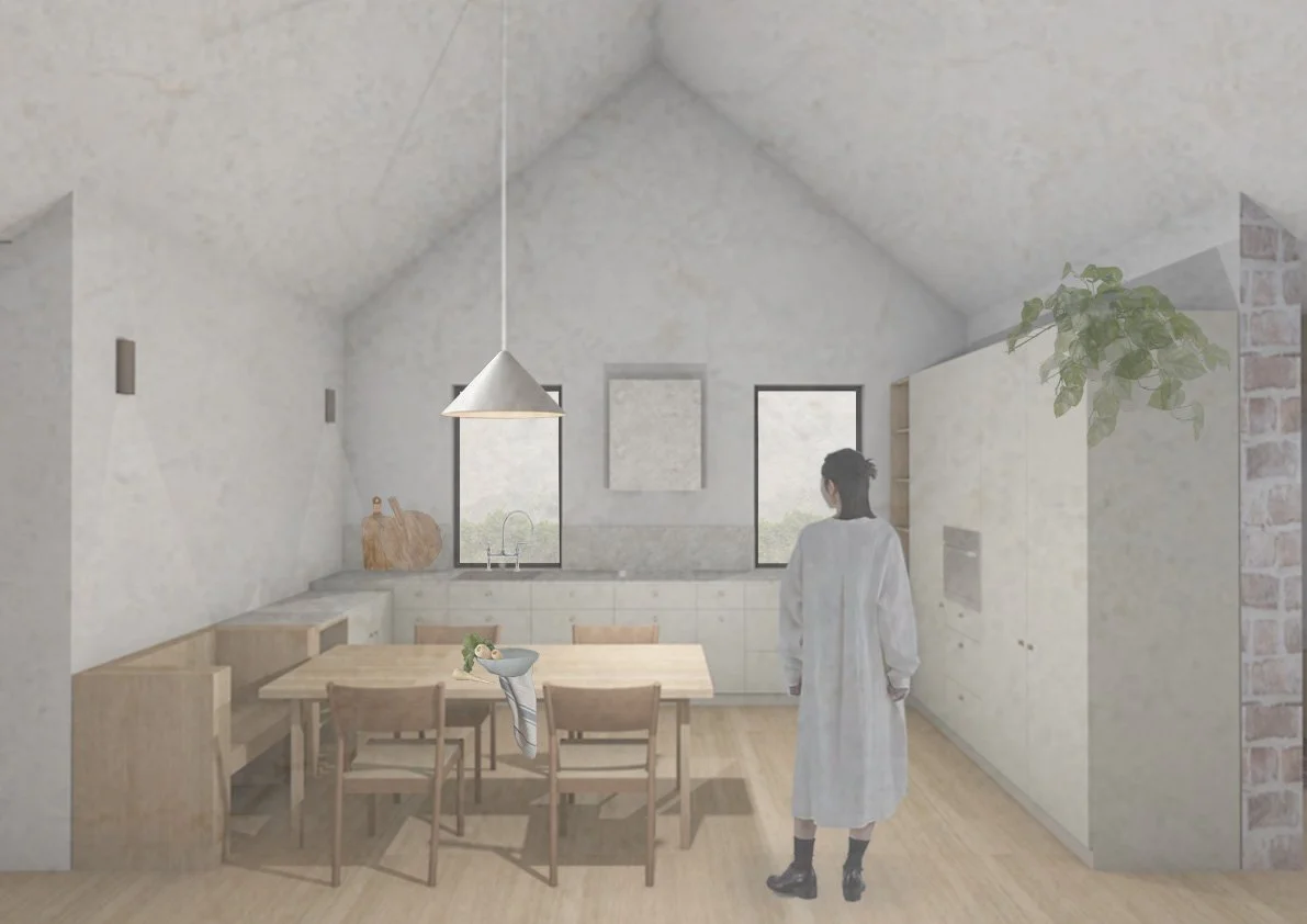 Interior collage of a minimalist kitchen with a custom timber dining table, natural stone bench tops and ceramic pendant light a nearby window showing greenery outside.