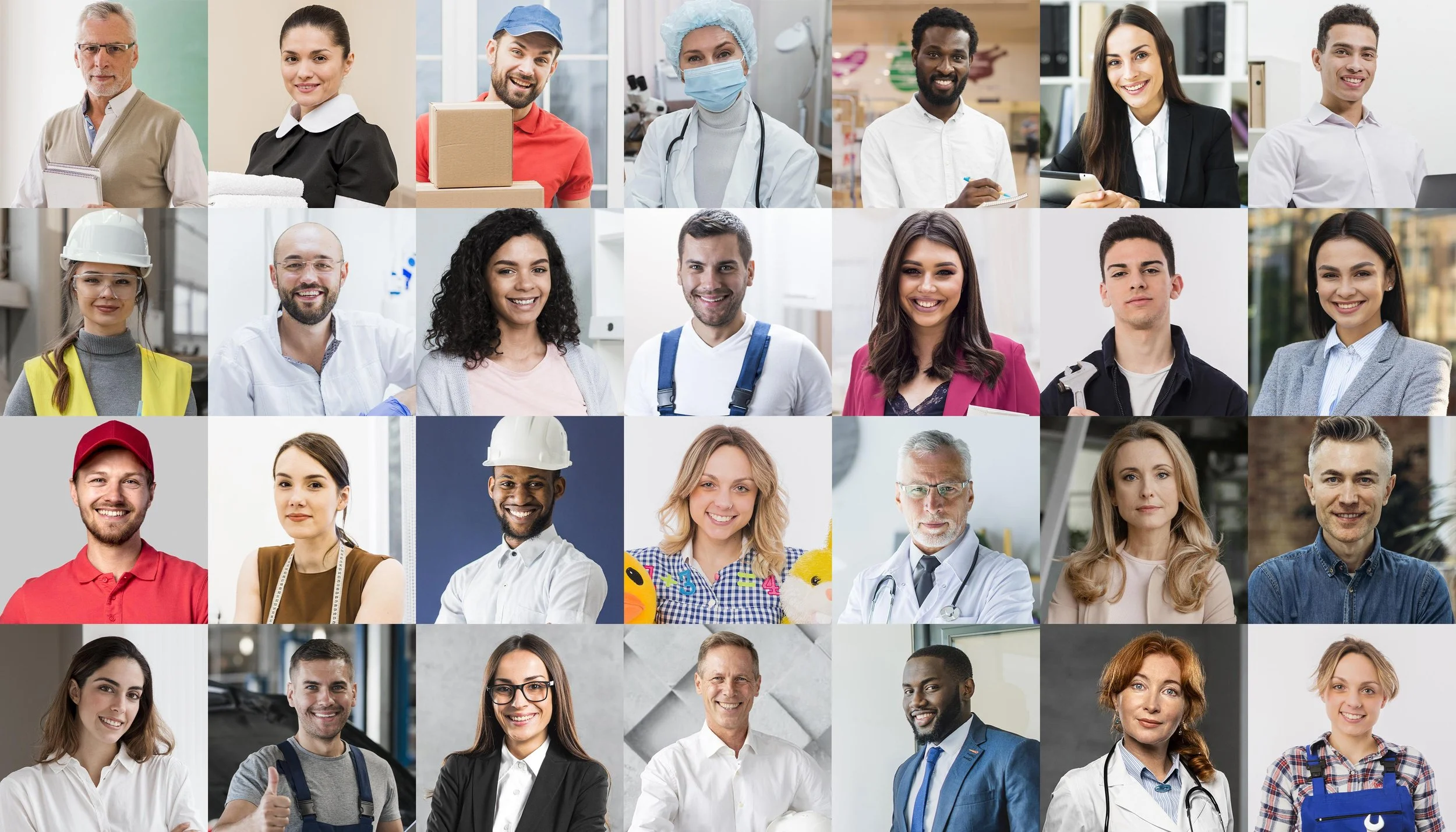 Collage of diverse professionals from various fields including healthcare, construction, education, business, and retail, smiling and posing in their work environments.