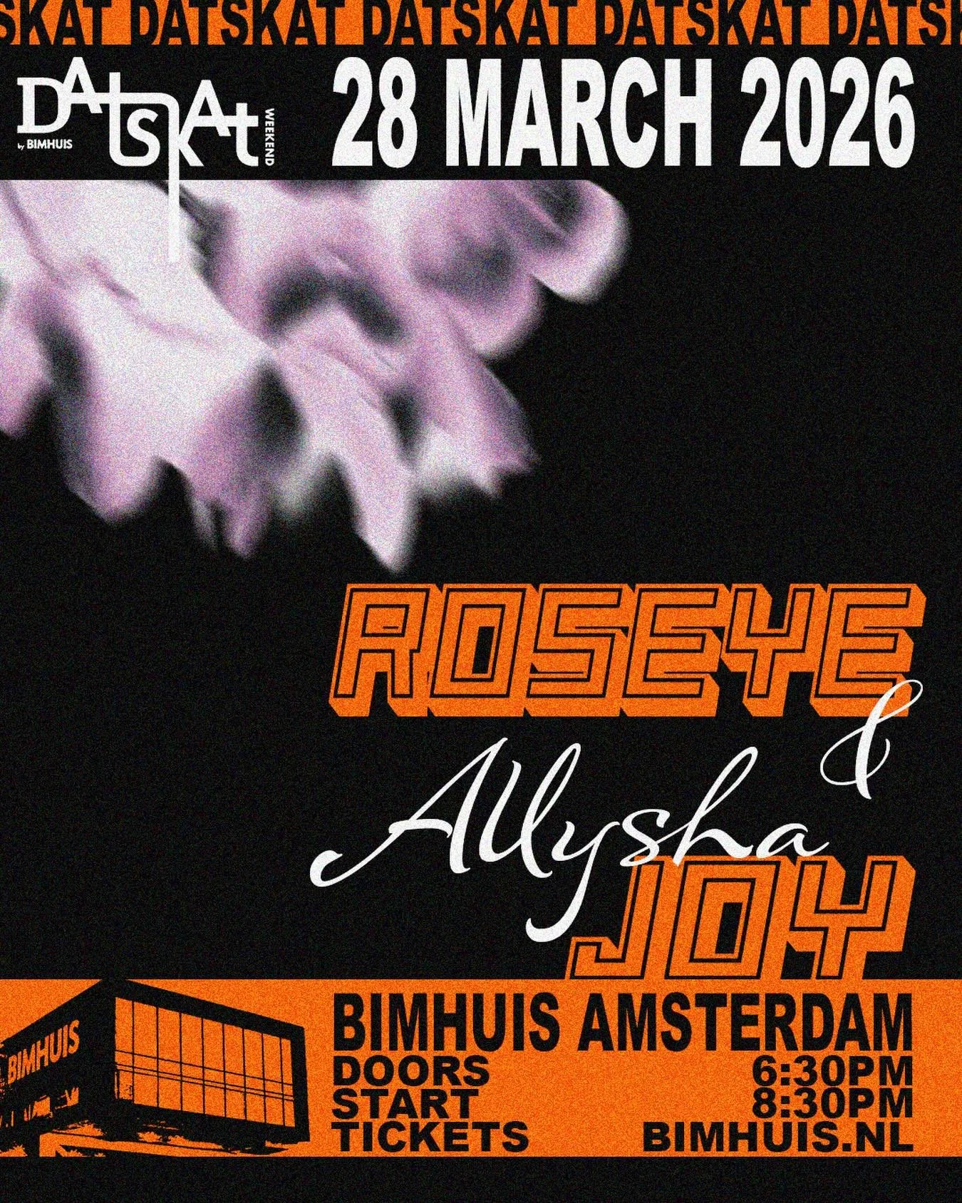Hiiii Next Saturday 28 March we&rsquo;ll be playing DATSKAT at @bimhuis with @allysha_joy and her band ! We are very excited for this one! Ticket link in bio, see you there! PS. the seats will be removed so bring your dance shoes!!!!fam😘 poster by @