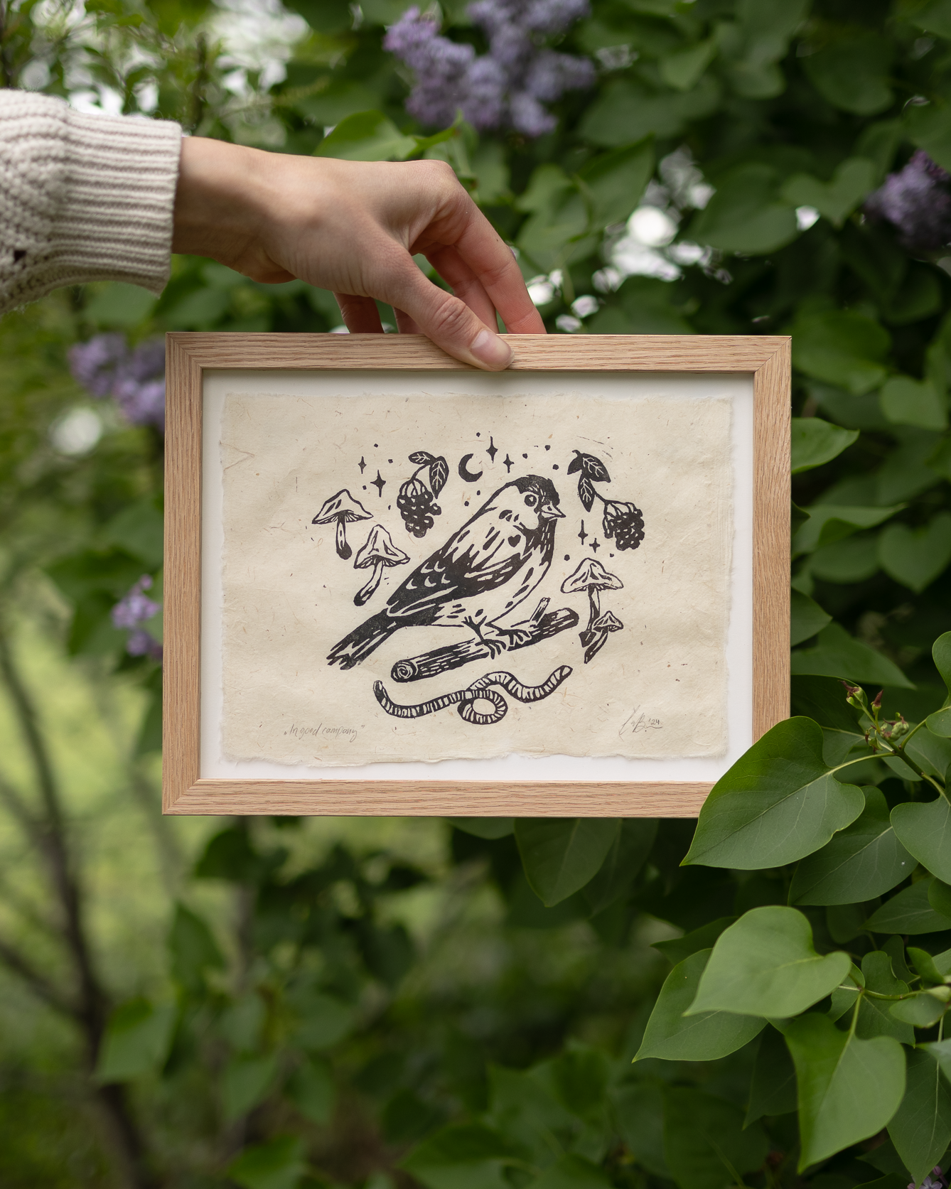 "In good company" original framed linocut