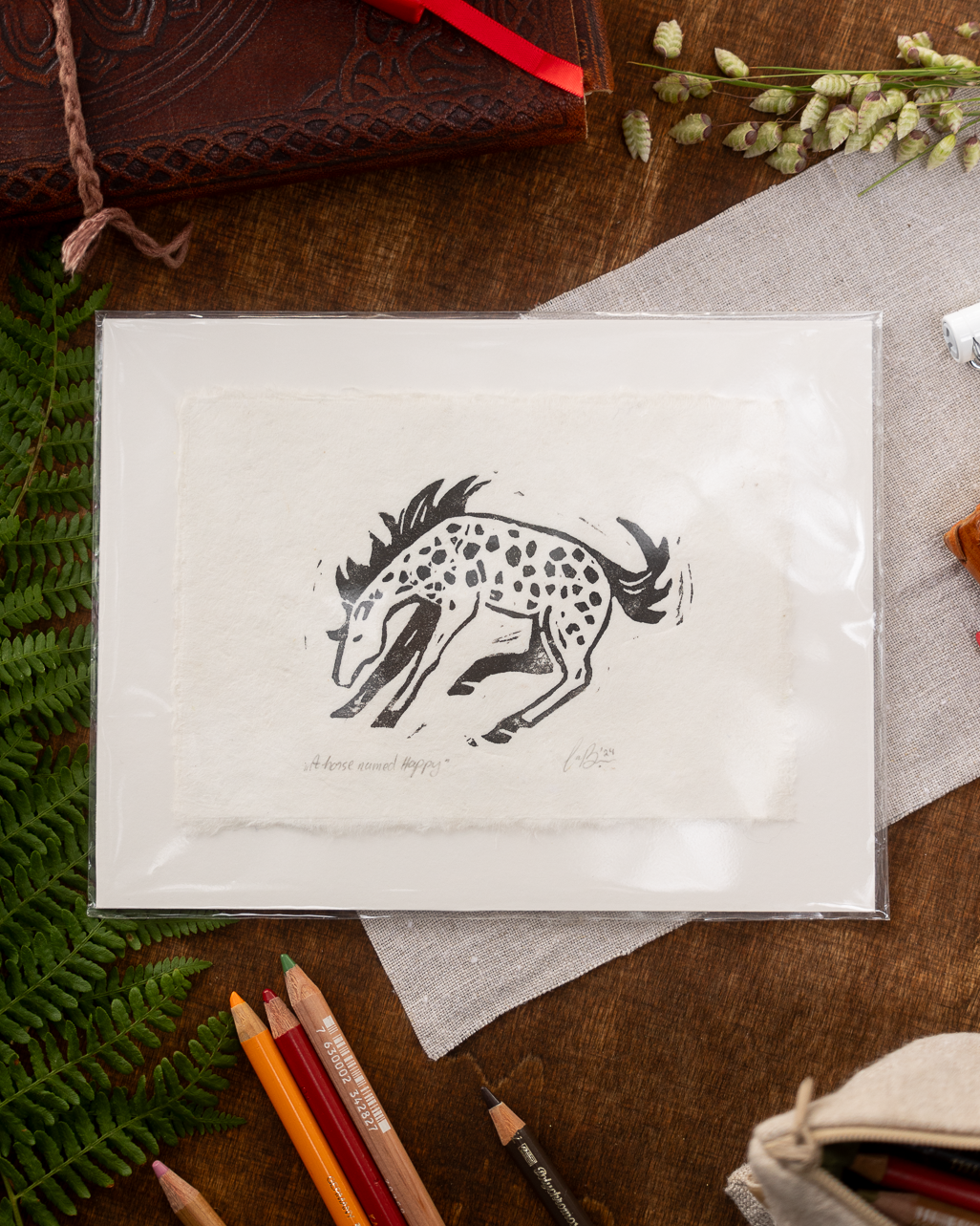 "A Horse Named Happy" Original Linocut