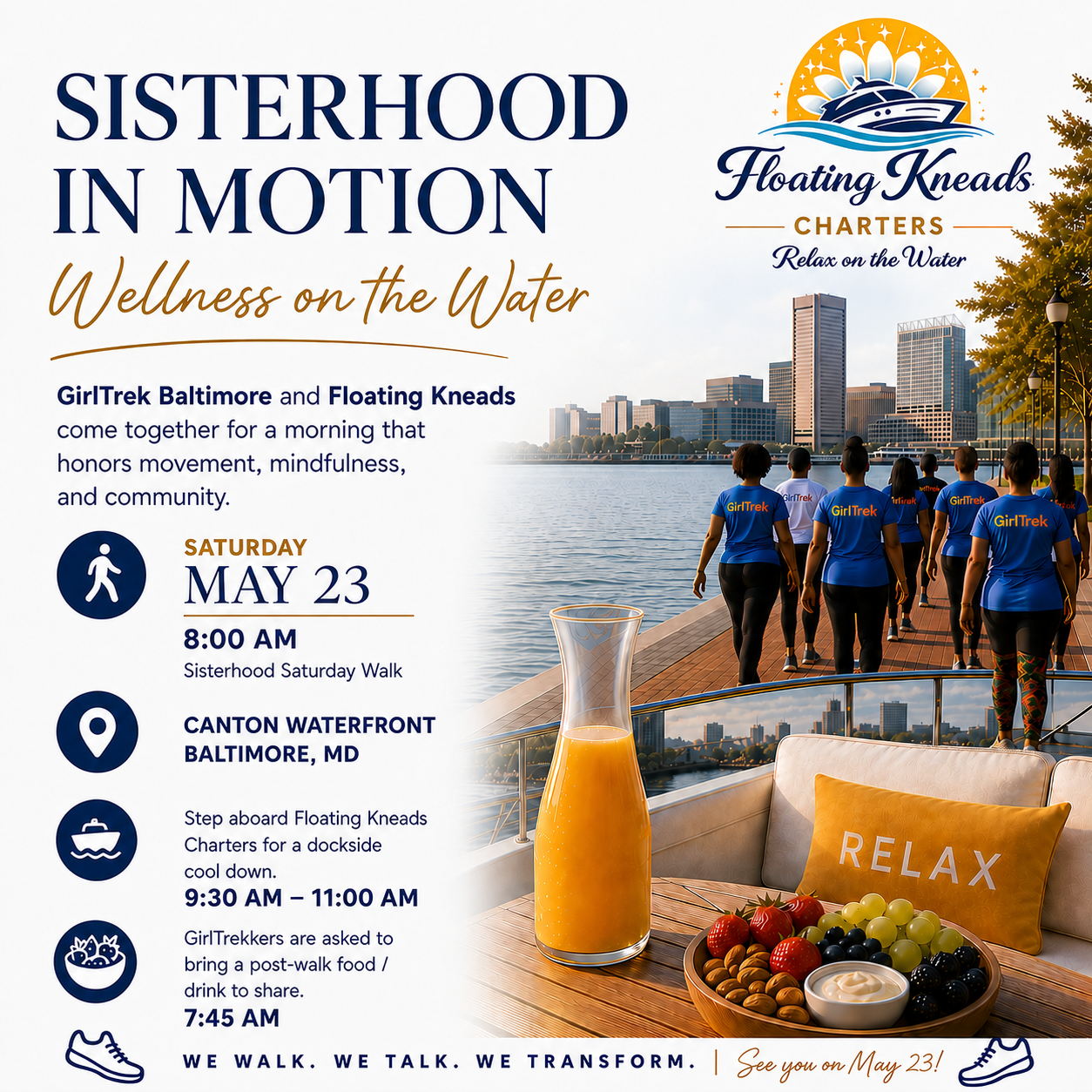 Sisterhood in Motion - GirlTrek Walk + Floating Kneads Dockside Cool Down